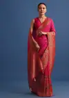 Red Banarasi Bandhani Satin Saree With Traditional Brocade Motifs On Border