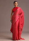 Beige Tussar Floral Printed Saree With Mirror Embellished Scallop Border