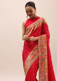 Purple Silk Woven Bandhani Saree With Paithani Border Pallu And Unstitched Blouse