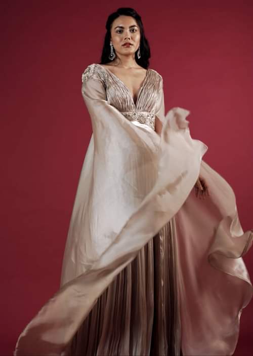Buy Doe Organza Gown With A Long Extended Cape Sleeves And A Buy Doe Organza Gown With A Long Extended Cape Sleeves And A