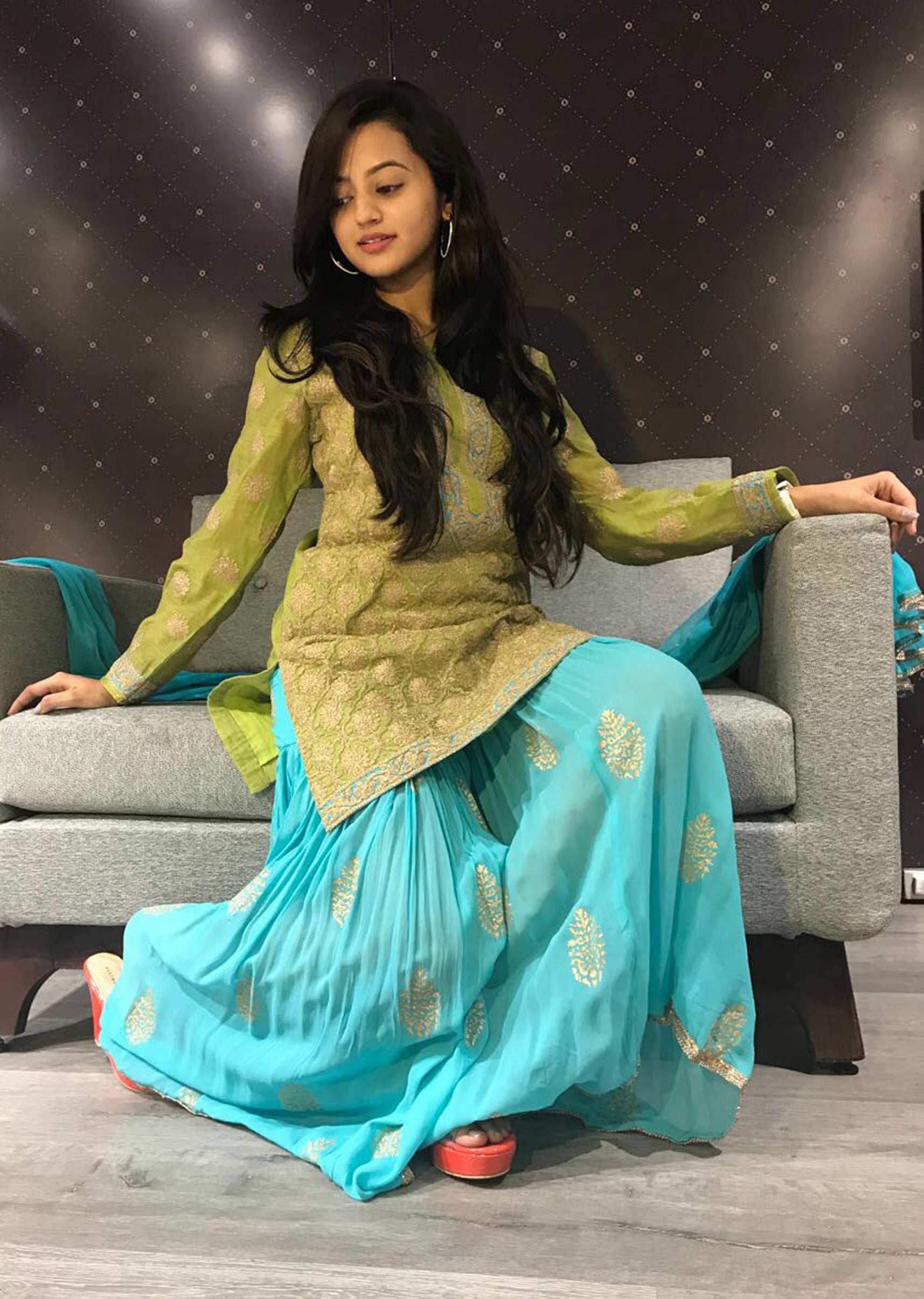 Helly Shah sharara suit thread work with contrasting pine
