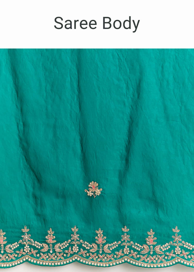 Teal Green Satin Saree With Zardosi Moti Embroidery And Scallop Border