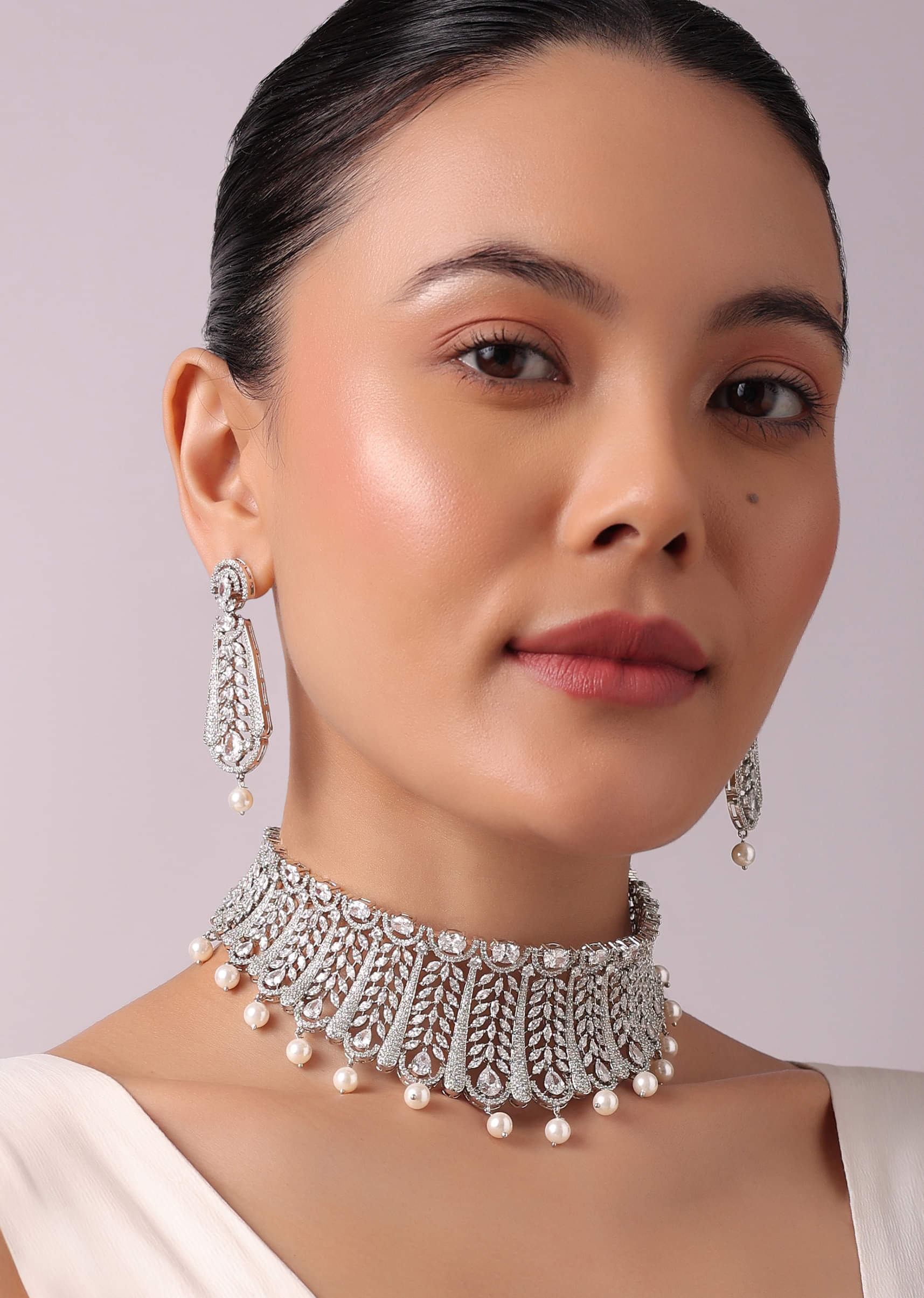 Buy 92.5 Sterling Silver Choker Set with Faux Diamonds And Pearl Drops KALKI Fashion India
