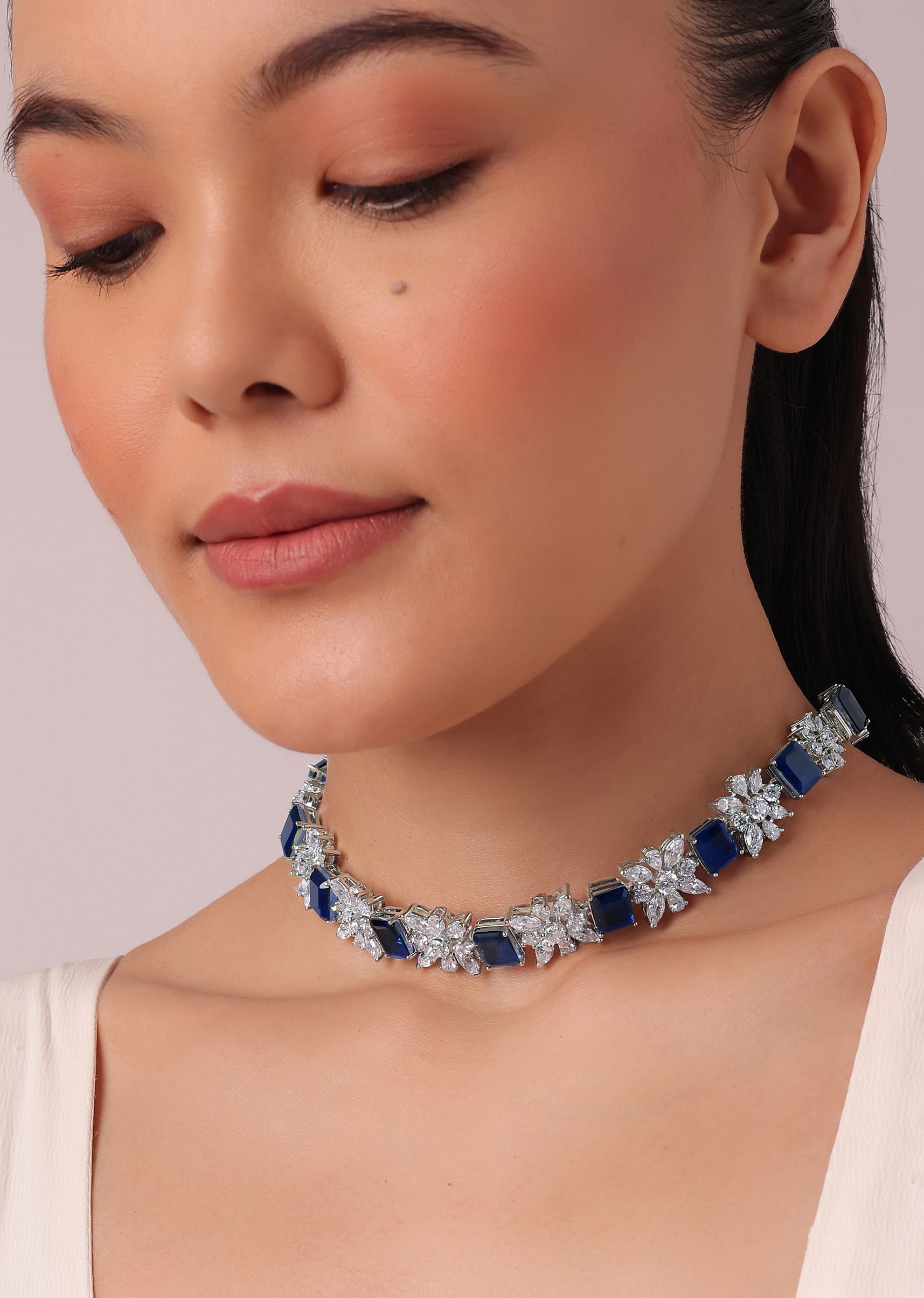 Buy 92.5 Sterling Silver Choker With Sapphire Blue Cubic Stones KALKI Fashion Global