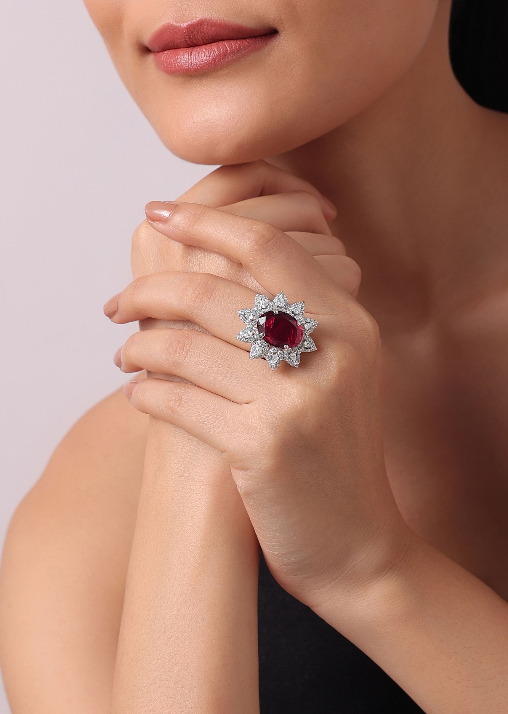 Buy 92.5 Sterling Silver Flower Shaped Ring Studded With Oval Shaped Garnet Red Synthetic Stone KALKI Fashion Global