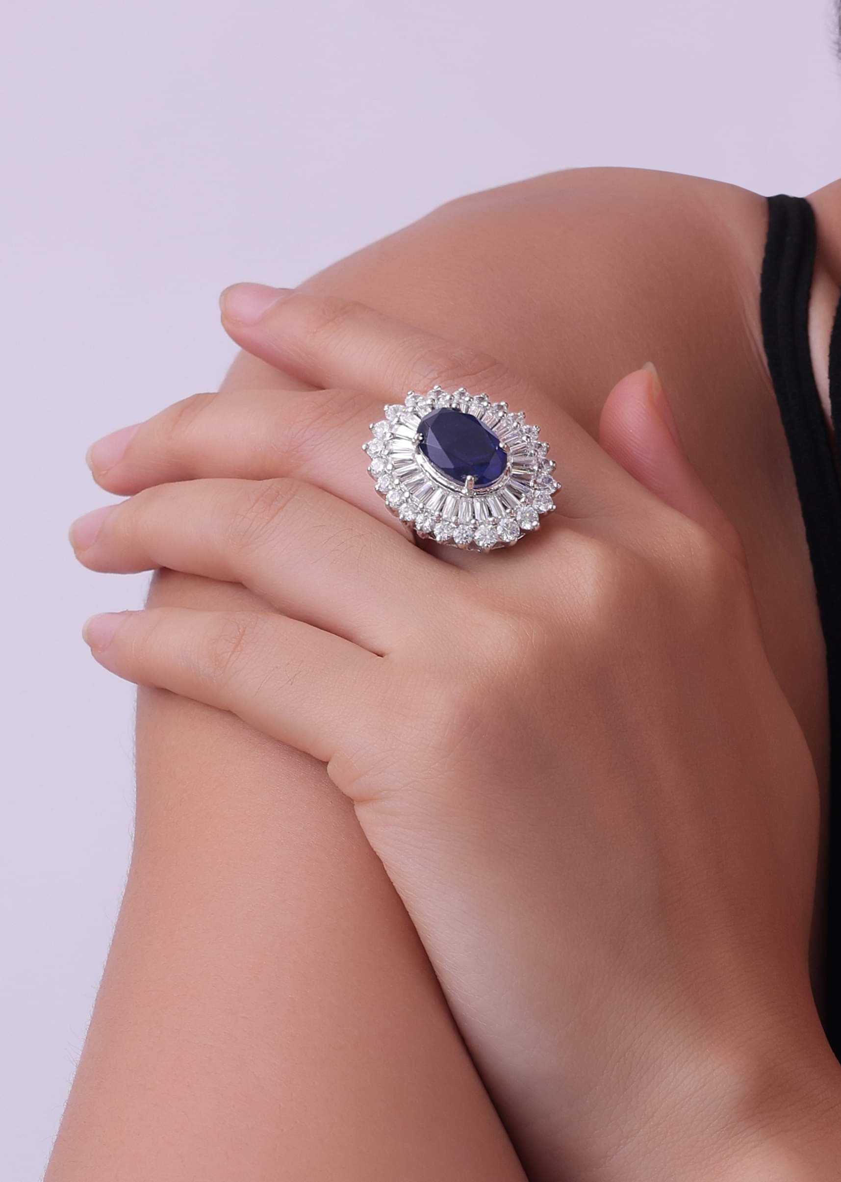 Buy 92.5 Sterling Silver Ring Studded With Lab Diamonds And A Round  Sapphire Blue Stone