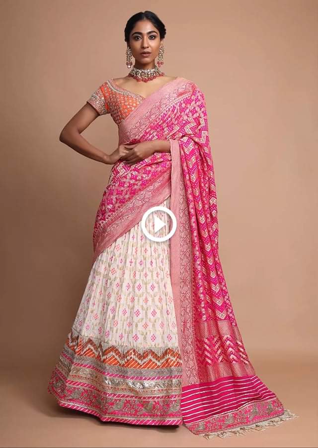 Off White Lehenga With Bandhani Print, Weaved Design And Heavy Gotta Work Border Online - Kalki Fashion