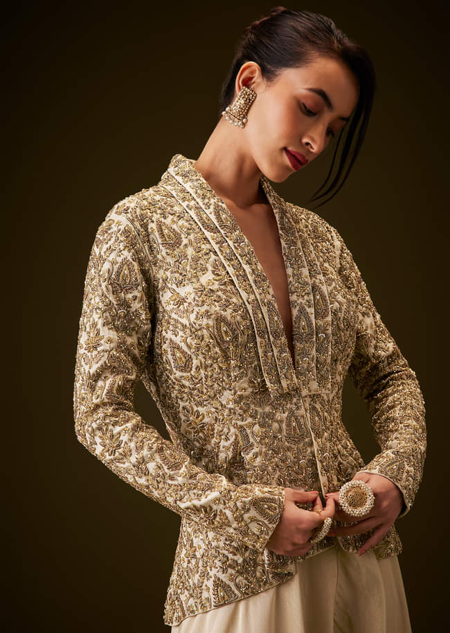 Beige Gold Zardozi Embroidered Peplum Jacket With Palazzo