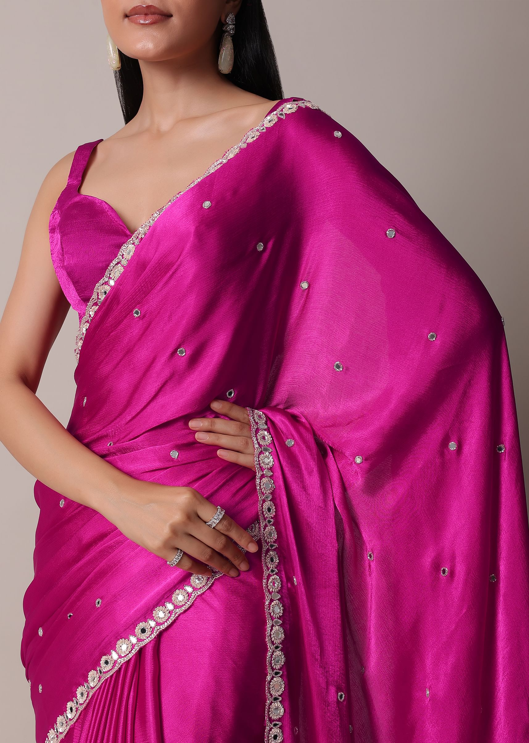 Buy Pink Satin Chinon Saree With Floral Motif Scallop Border