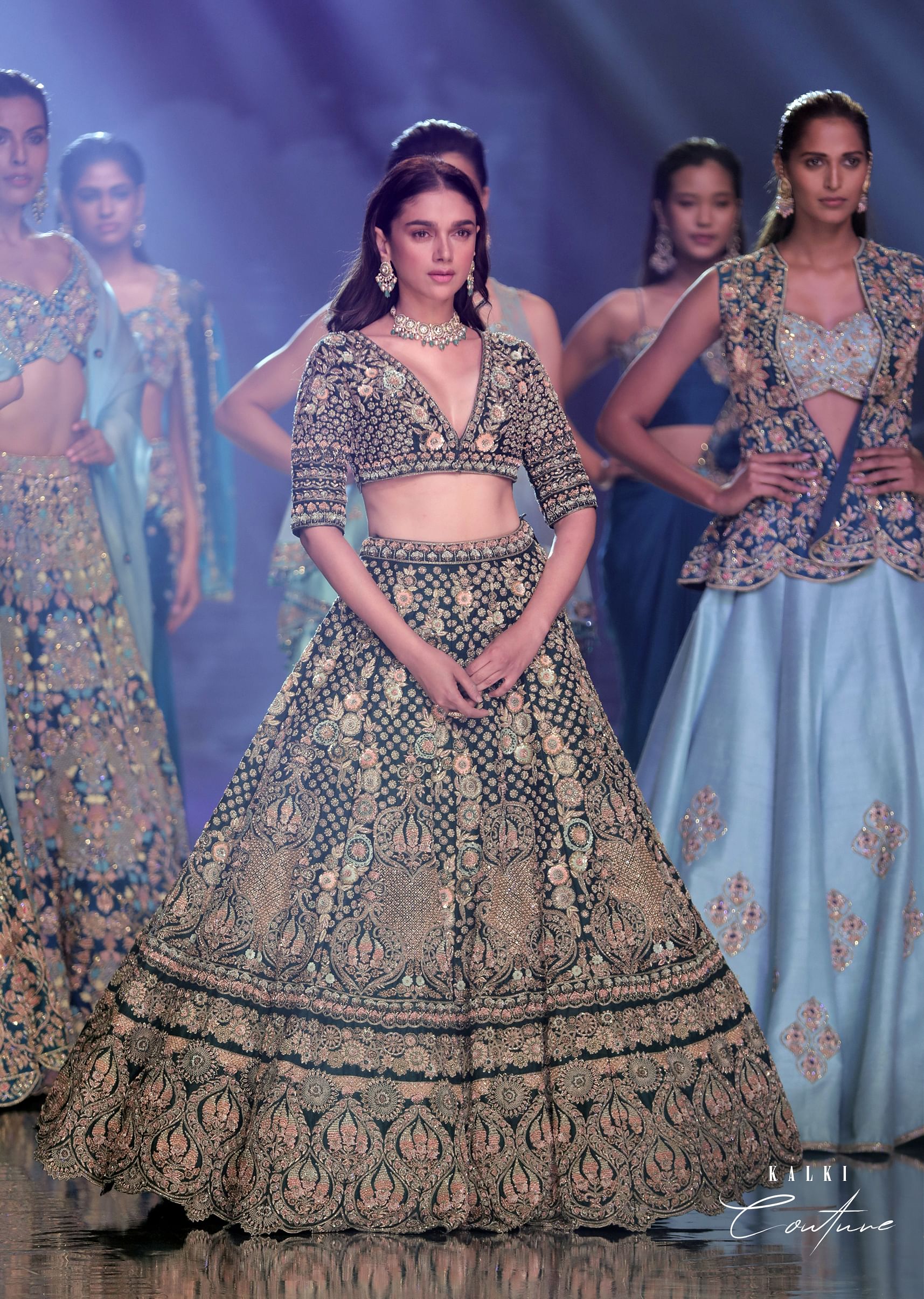 Aditi Rao in Emerald Green Lehenga Choli With Hand Embroidered 3D Floral Pattern KALKI Fashion India