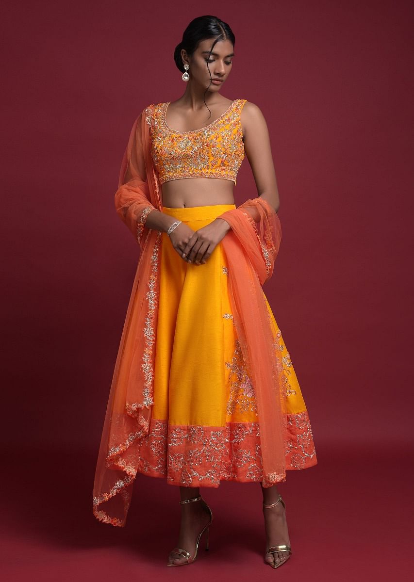 Buy Amber Yellow Short Lehenga Choli In Raw Silk With Orange Border And Zardozi Work Online Kalki Fashion