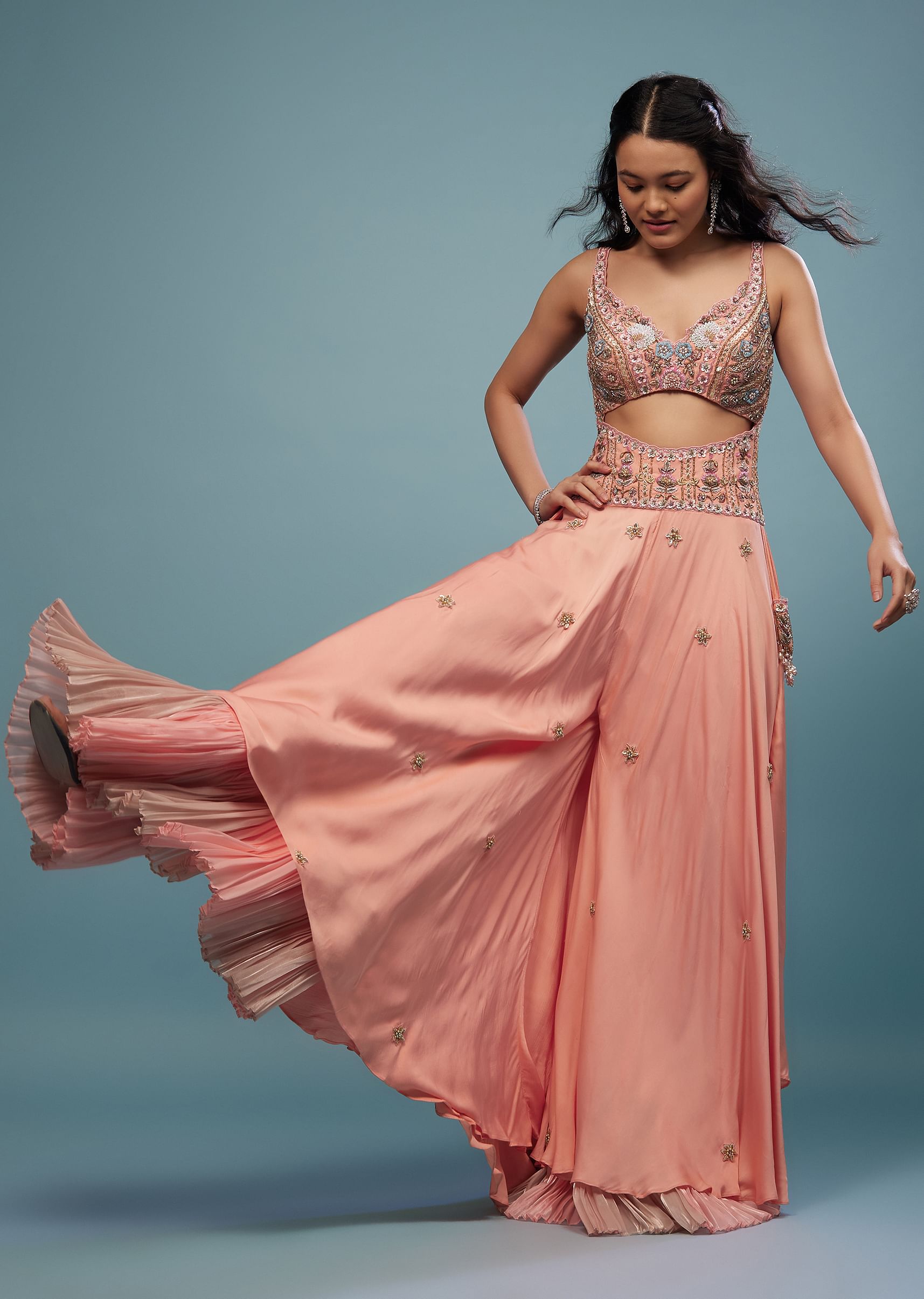 Buy Peach Pink Embroidered Jumpsuit in Satin Online in India
