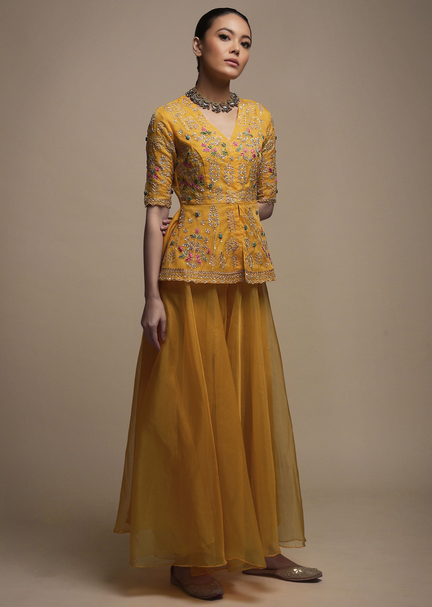 Buy Dark Amber Yellow Palazzo Suit In Organza With Matching Peplum Top Adorned Online in India