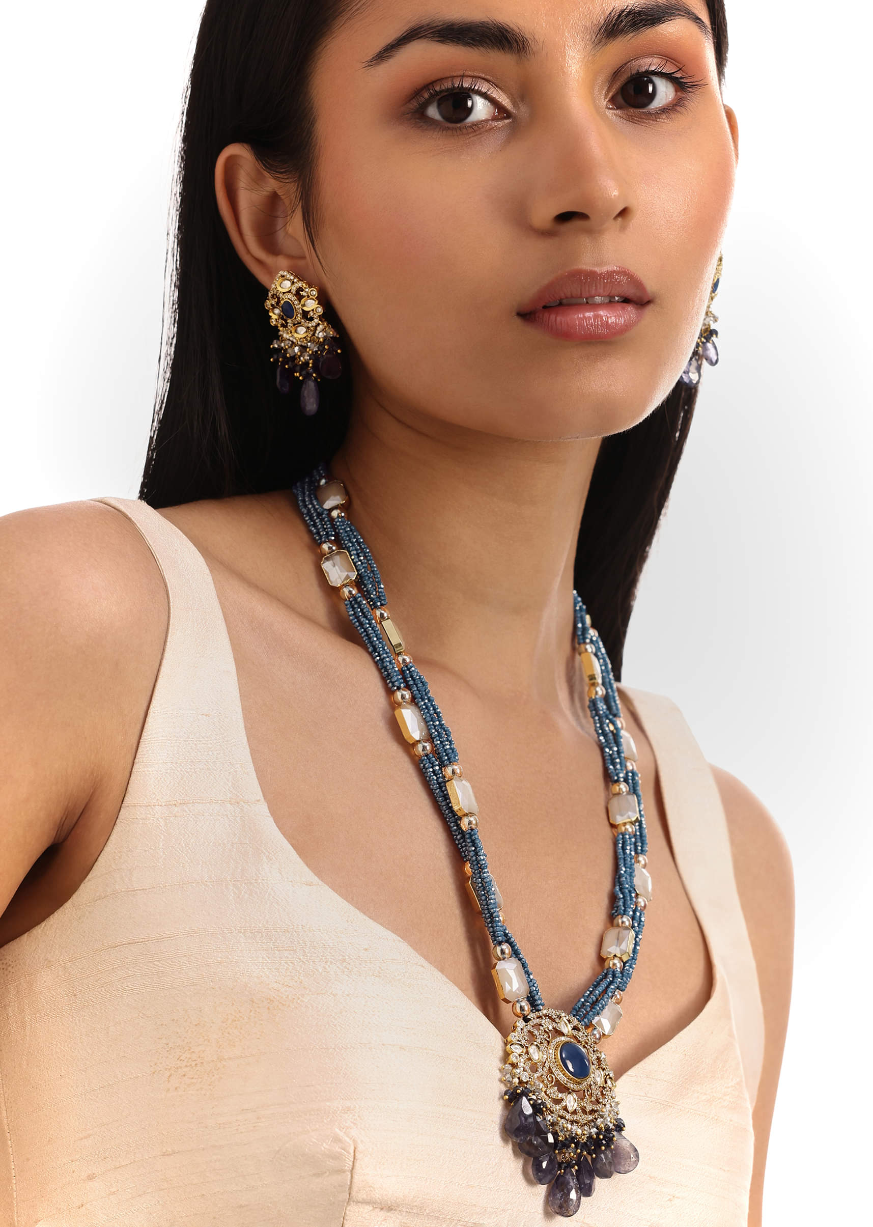 Buy Antique Gold And Navy Blue Victorian Kundan Necklace Set
