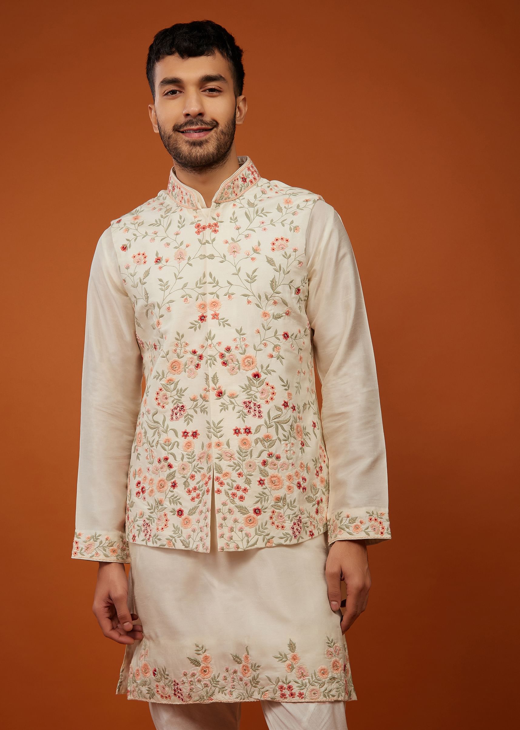 Buy Beige White Bandi Jacket Set With Multicolour Embroidery In Cotton Silk KALKI Fashion India