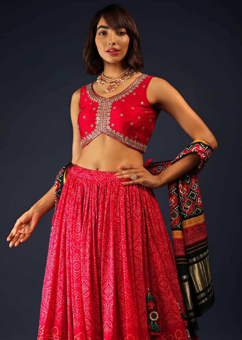 Apple Red Lehenga In Bandhani Printed Satin With Zardosi Embroidered Choli And Patola Dupatta 
