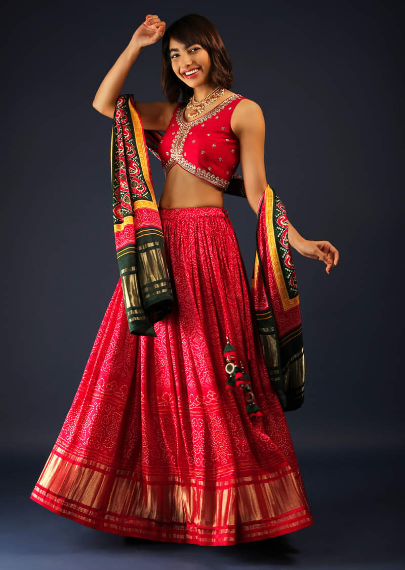Apple Red Lehenga In Bandhani Printed Satin With Zardosi Embroidered Choli And Patola Dupatta 