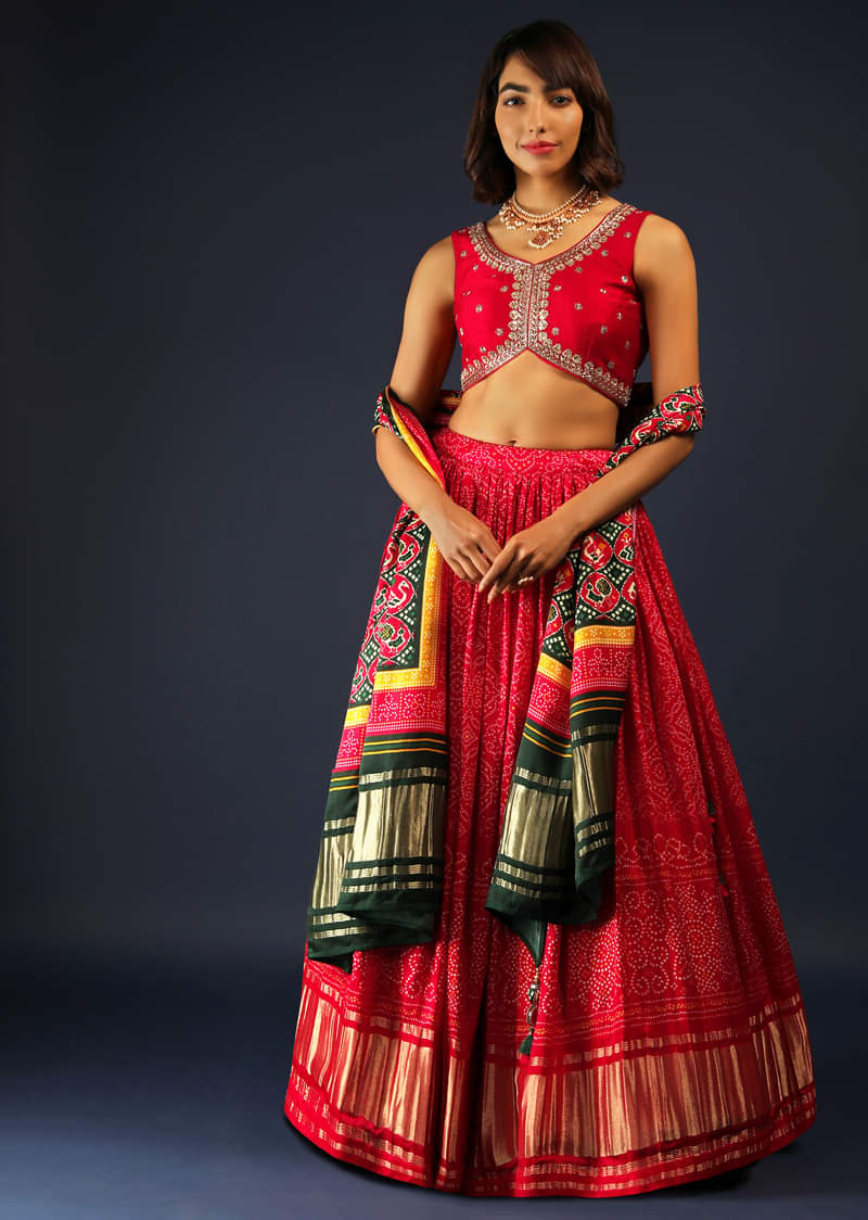 Apple Red Lehenga In Bandhani Printed Satin With Zardosi Embroidered Choli And Patola Dupatta 