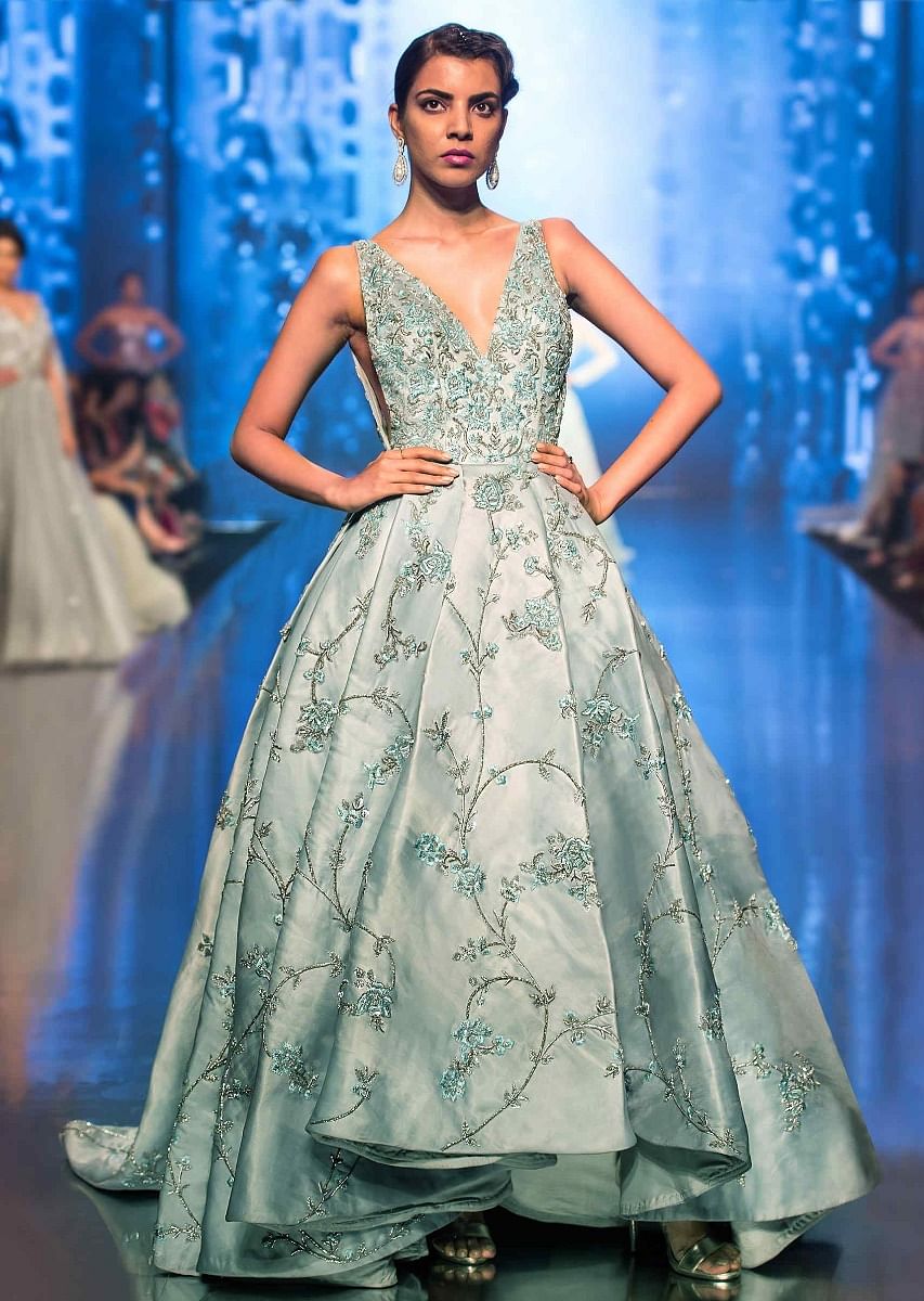 Buy Aqua Blue Evening Gown In Organza With Box Pleats And A Log Back Trail KALKI Fashion Global