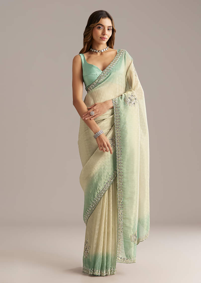 Aqua Blue Jacquard Saree With Mirror And Bead Embroidery