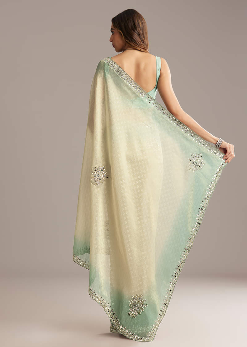 Aqua Blue Jacquard Saree With Mirror And Bead Embroidery