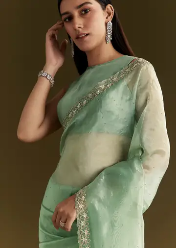 Aqua Green Organza Embroidered Saree With Scallop Border