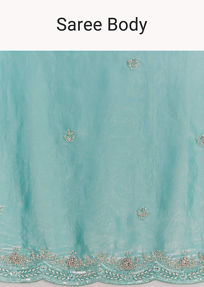 Aqua Blue Chinon Saree With Floral Embroidery