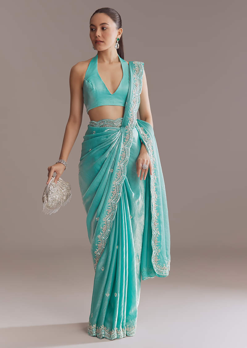 Aqua Blue Chinon Saree With Floral Embroidery