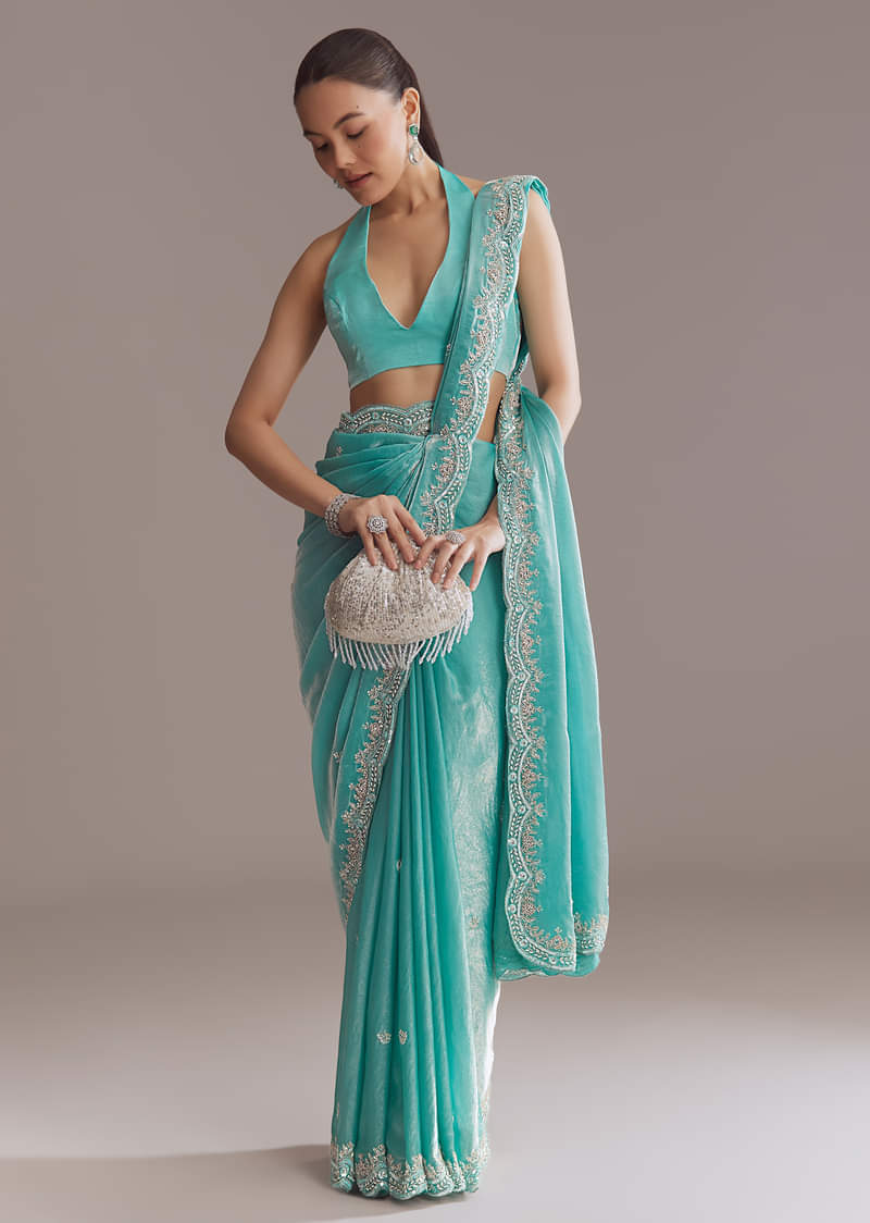 Aqua Blue Chinon Saree With Floral Embroidery