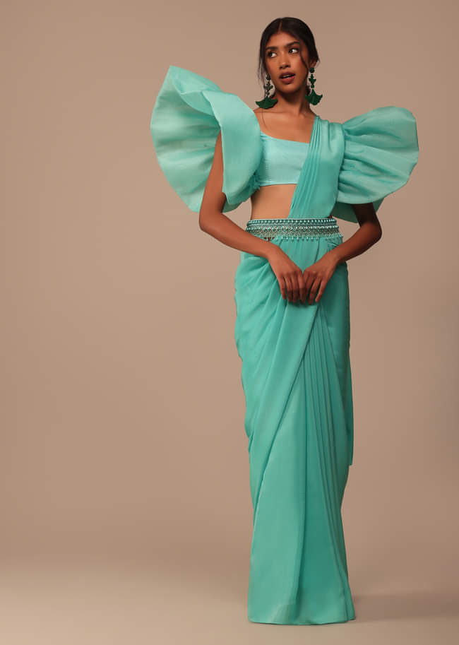 Seafoam Green Crepe Saree With Fancy Sleeves Organza Blouse
