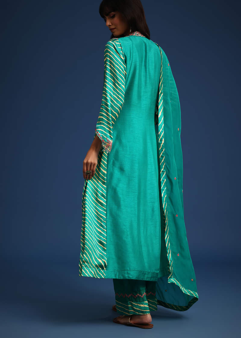 Aqua Green Raw Silk Embroidered Kurta Set With Leheriya Print Panel 