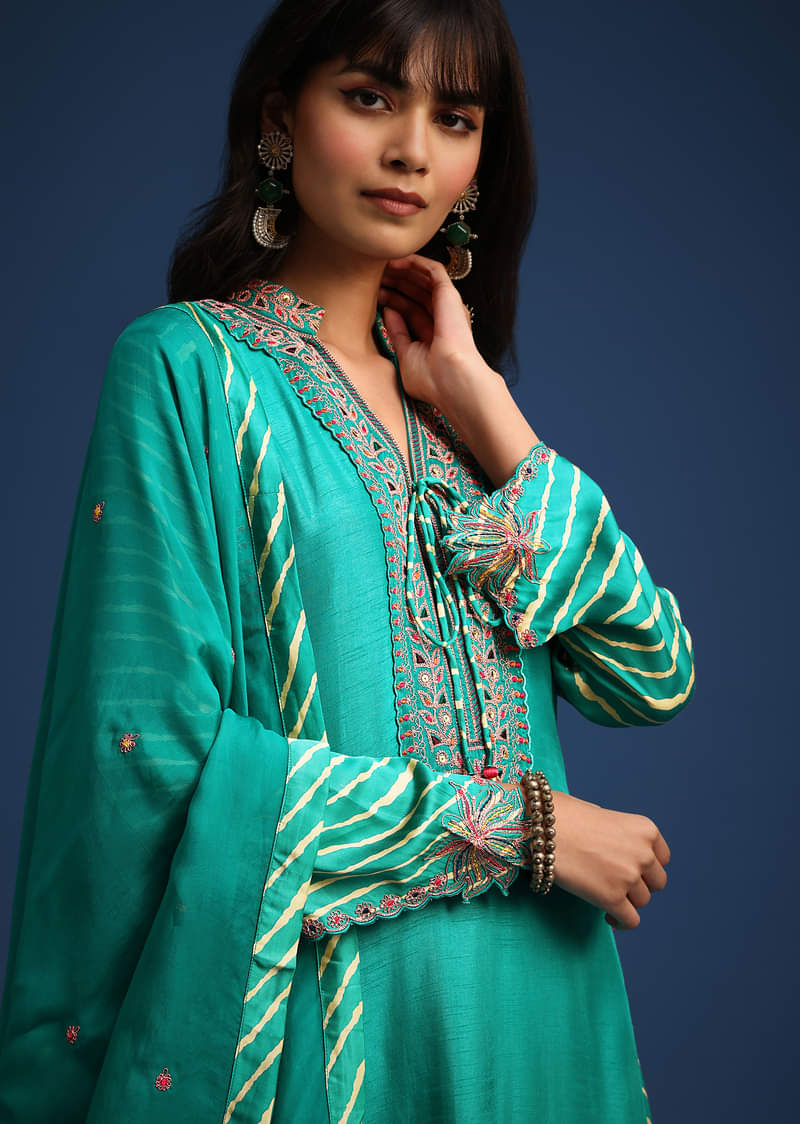 Aqua Green Raw Silk Embroidered Kurta Set With Leheriya Print Panel 