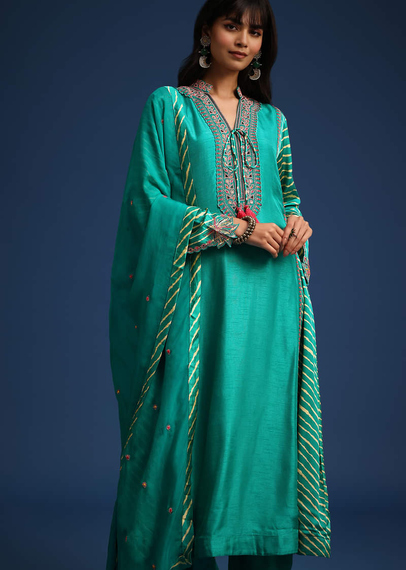 Aqua Green Raw Silk Embroidered Kurta Set With Leheriya Print Panel 