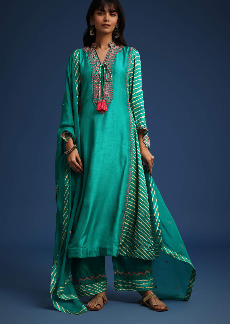 Aqua Green Raw Silk Embroidered Kurta Set With Leheriya Print Panel 