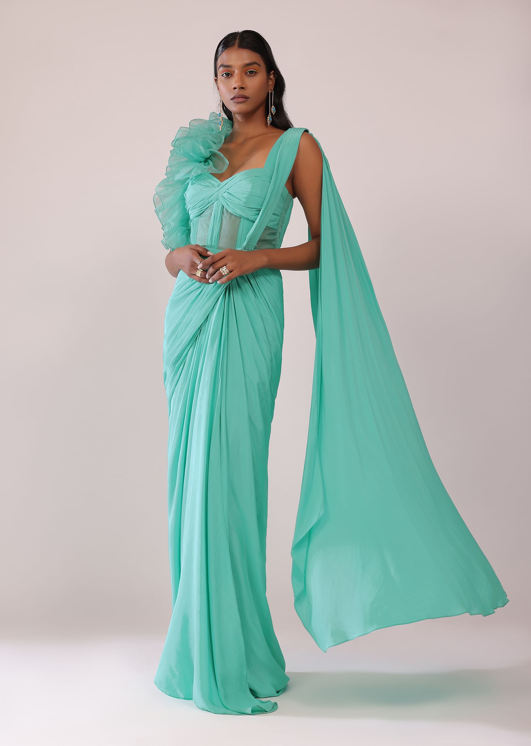 Buy Aqua Green Corset Saree Gown In Crepe With One Side Organza Ruffle