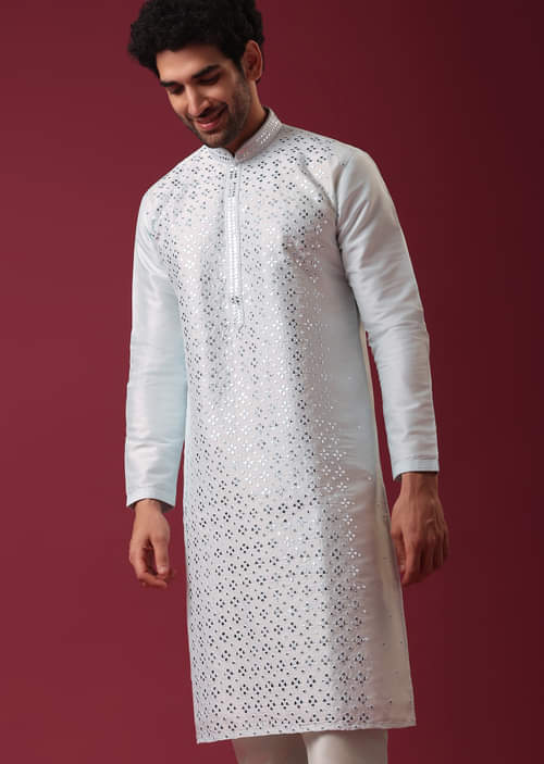 Buy Aquatic Blue Kurta Set In Silk With Mirror Work KALKI Fashion Global