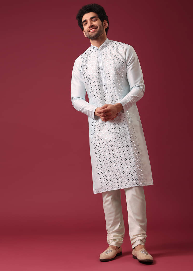 Buy Aquatic Blue Kurta Set In Silk With Mirror Work KALKI Fashion Global