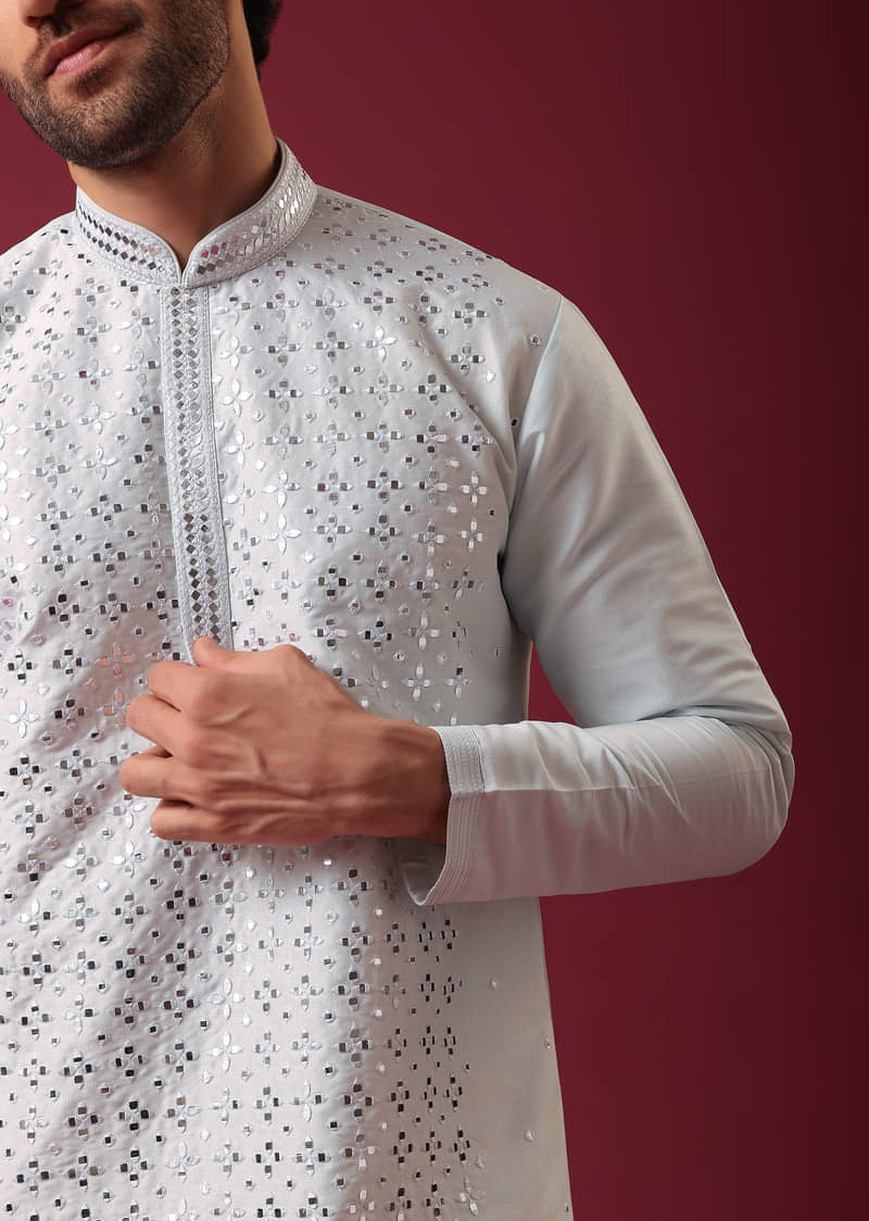 Buy Aquatic Blue Kurta Set In Silk With Mirror Work KALKI Fashion Global