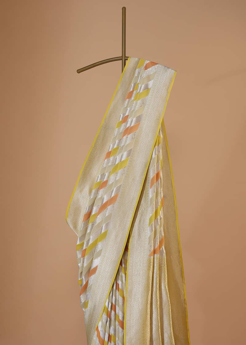 Canary Yellow Saree In Georgette With Striped Banarasi Zari Weave And An Unstitched Blouse