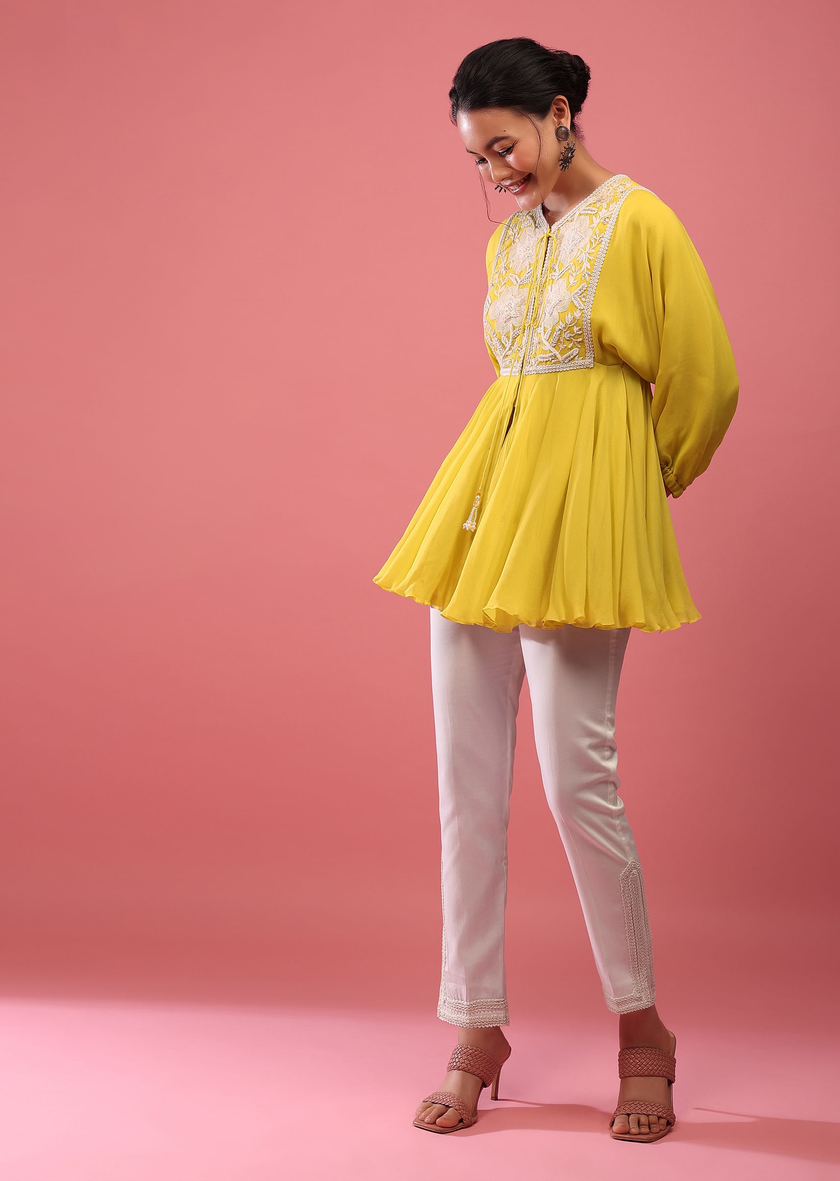 Buy Cyber Yellow Top And Pant Set In Georgette With Empire Line Cut And Embroidery