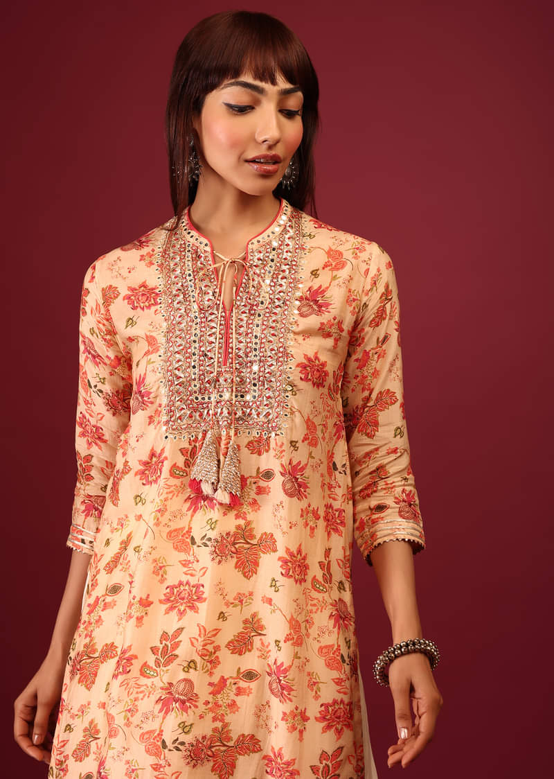 【後払い手数料無料】 Print Floral Embroidered Buy Cotton Kurta Cut Straight ワンピース