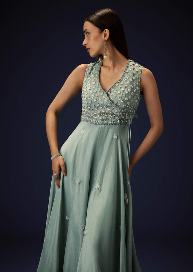 Azure Blue Hand Embroided Double Layer Organza Frill Jumpsuit