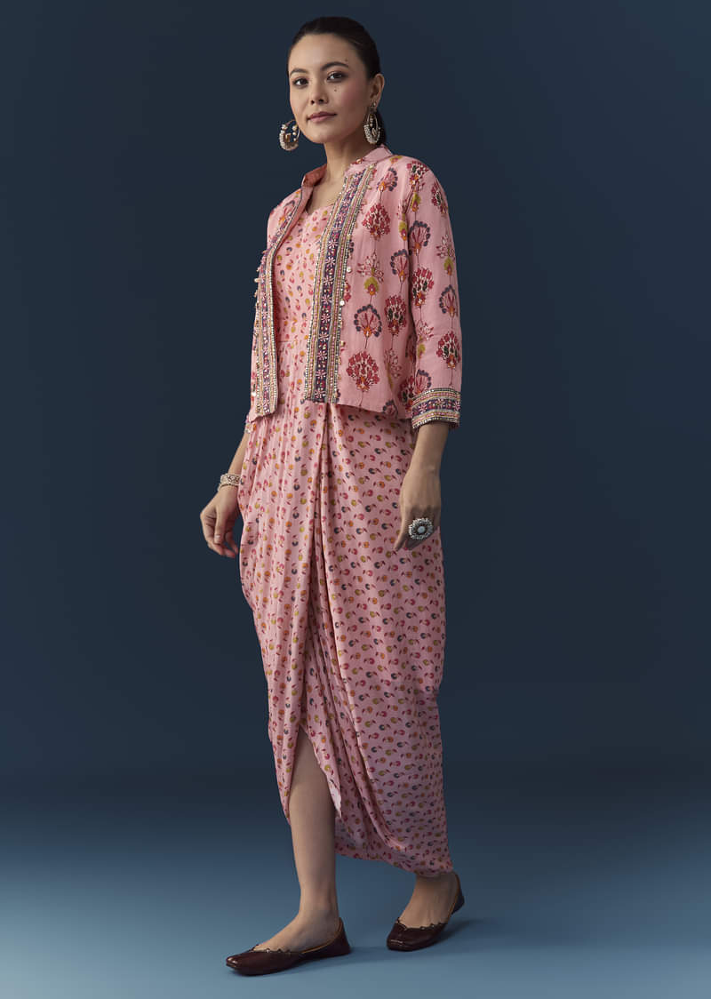 Baby Pink Floral Print Draped Gown with Sequins Jacket