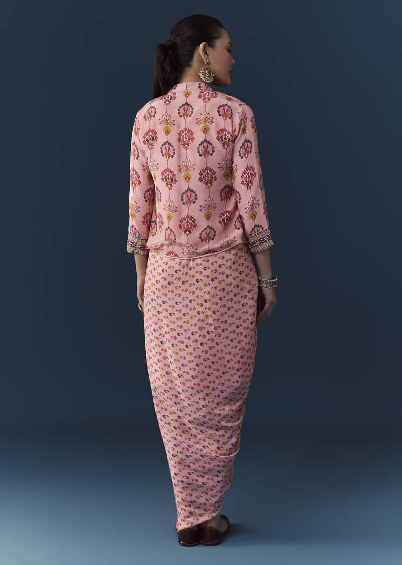 Baby Pink Floral Print Draped Gown with Sequins Jacket