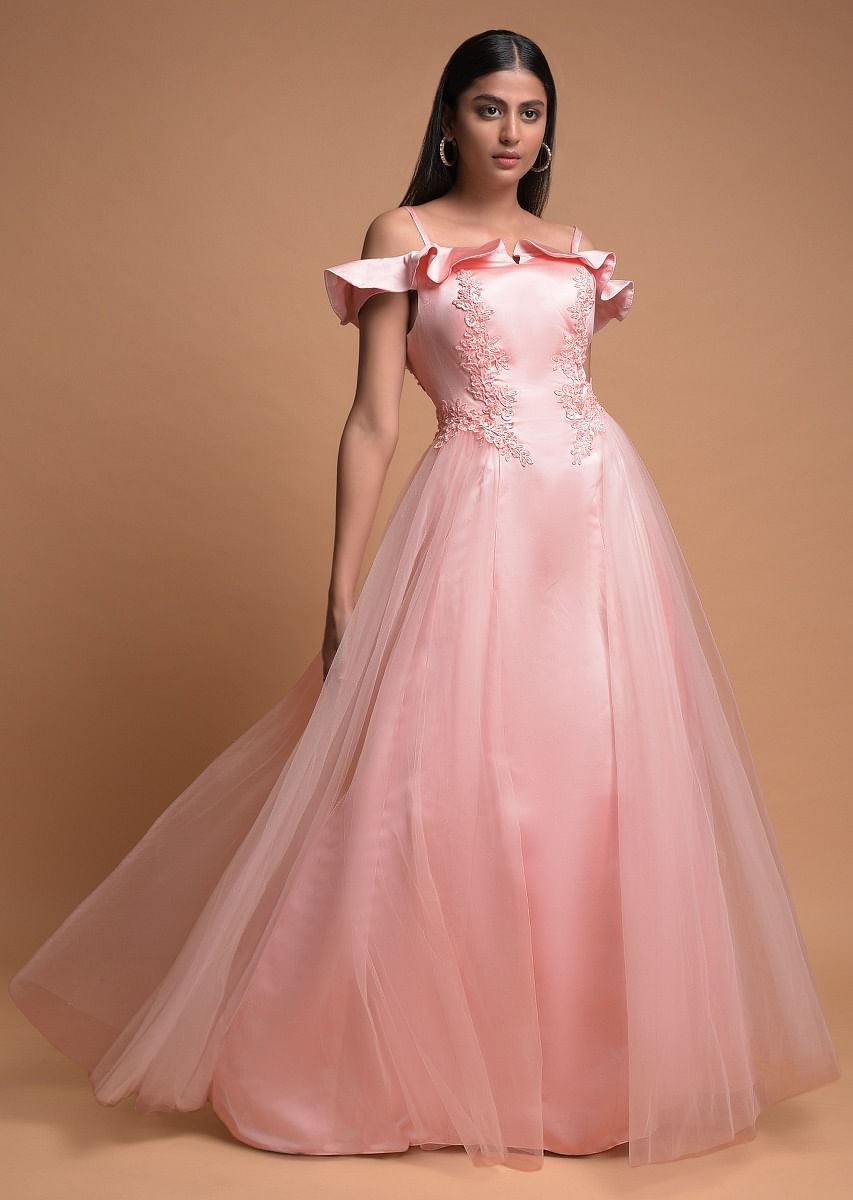 Buy Baby Pink Gown In Satin With Net Layer And Ruffle Cold Shoulder Sleeves KALKI Fashion Global