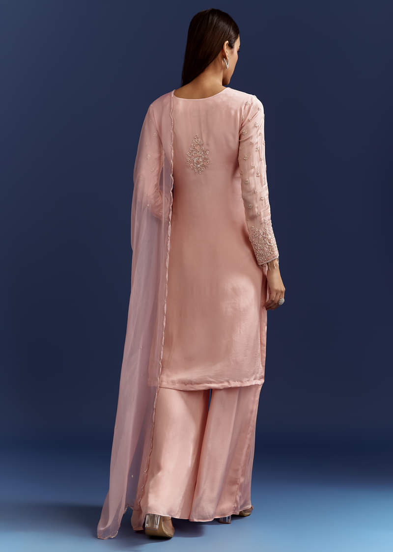Baby Pink Moti Embroidered Work Kurta Set With Dupatta