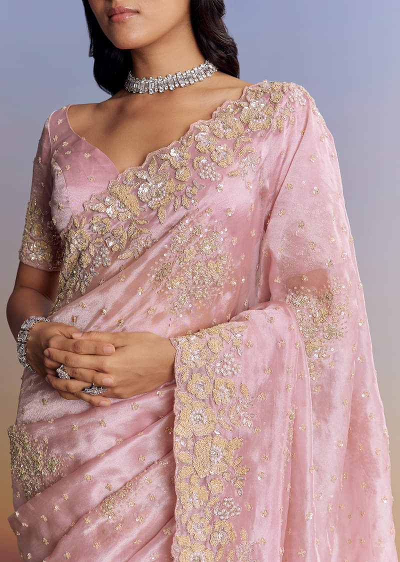 Baby Pink Organza Saree With Floral Cutwork Embroidery