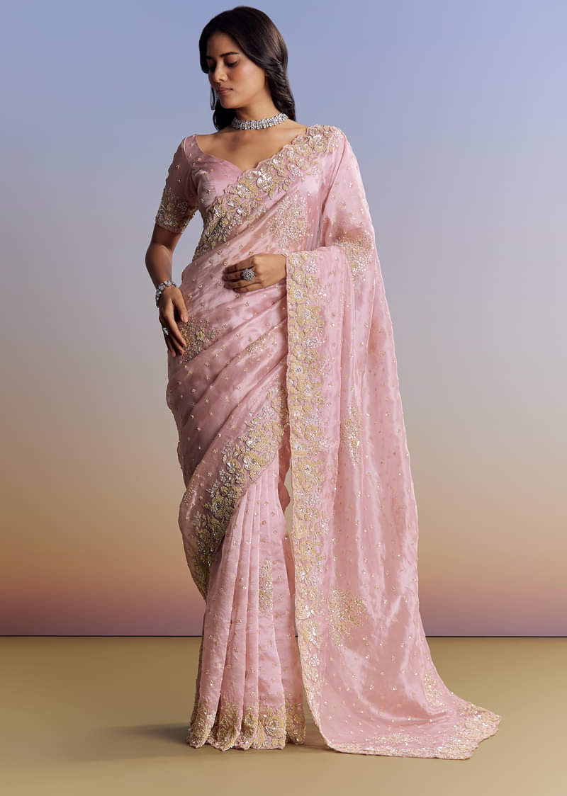 Baby Pink Organza Saree With Floral Cutwork Embroidery