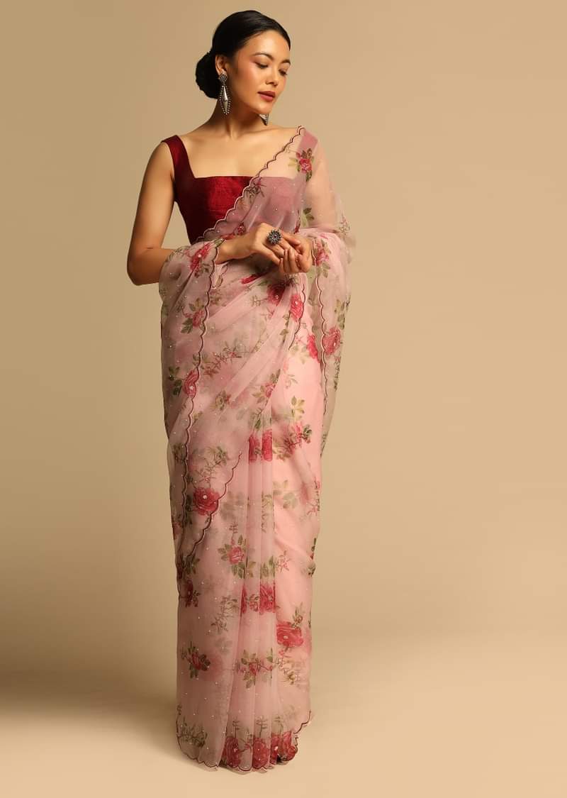 Baby Pink Saree In Organza With Floral Print All Over And Scalloped Resham Border Along With Unstitched Blouse