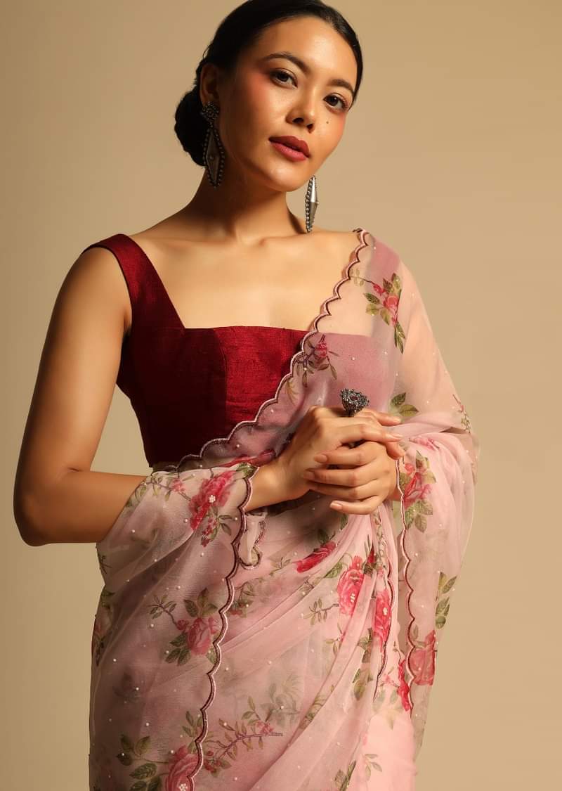 Baby Pink Saree In Organza With Floral Print All Over And Scalloped Resham Border Along With Unstitched Blouse